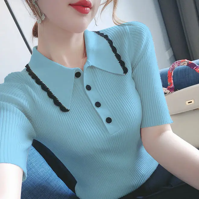 Ice silk short sleeve T-shirt women's summer new POLO collar button slim slim pullover knitted bottoming shirt women's blouse 
Ice silk short sleeve T-shirt women's summer new POLO collar button slim slim pullover knitted bottoming shirt women's blouse