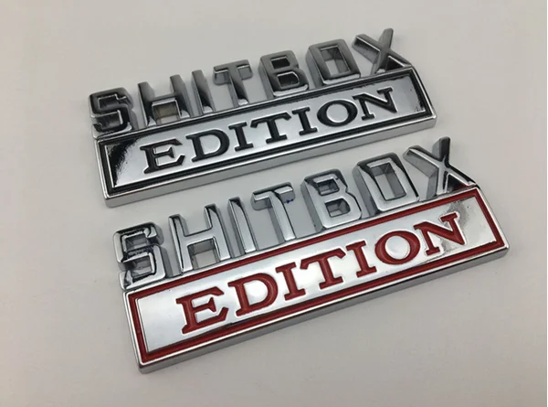 3D Серебряный Металл SHITBOX эмблема «EDITION» авто багажник значок на крыло наклейки автомобильные аксессуары
3D Серебряный Металл SHITBOX эмблема «EDITION» авто багажник значок на крыло наклейки автомобильные аксессуары