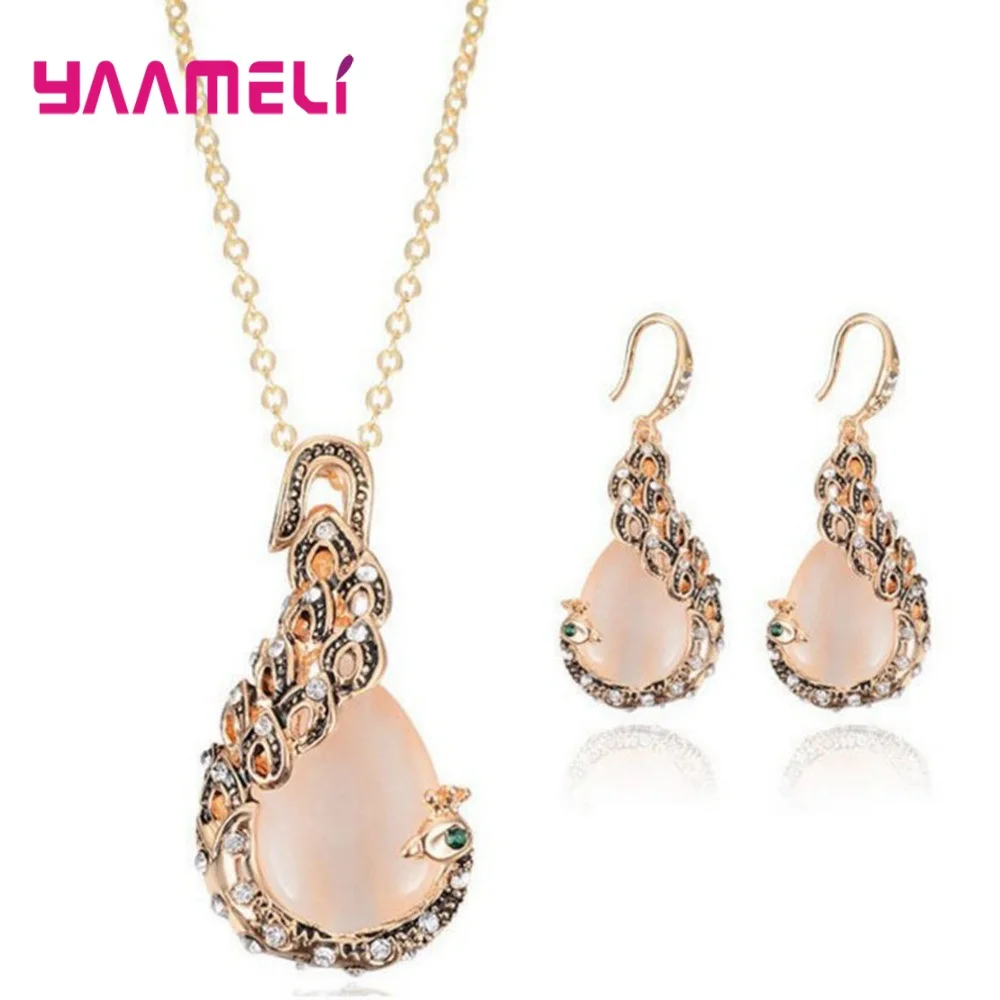 

African Peacock Beads Jewelry Sets for Women Romantic Neckalce/Earrings/Chain 925 Sterling Silver Waterdrop AAA Cubic Zircon Set