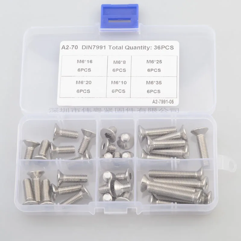 36pcs M6 mm flat head countersunk head grade 10.9 304 stainless steel Hex Socket Head Cap Screw DIN7991 Screws
36pcs M6 mm flat head countersunk head grade 10.9 304 stainless steel Hex Socket Head Cap Screw DIN7991 Screws