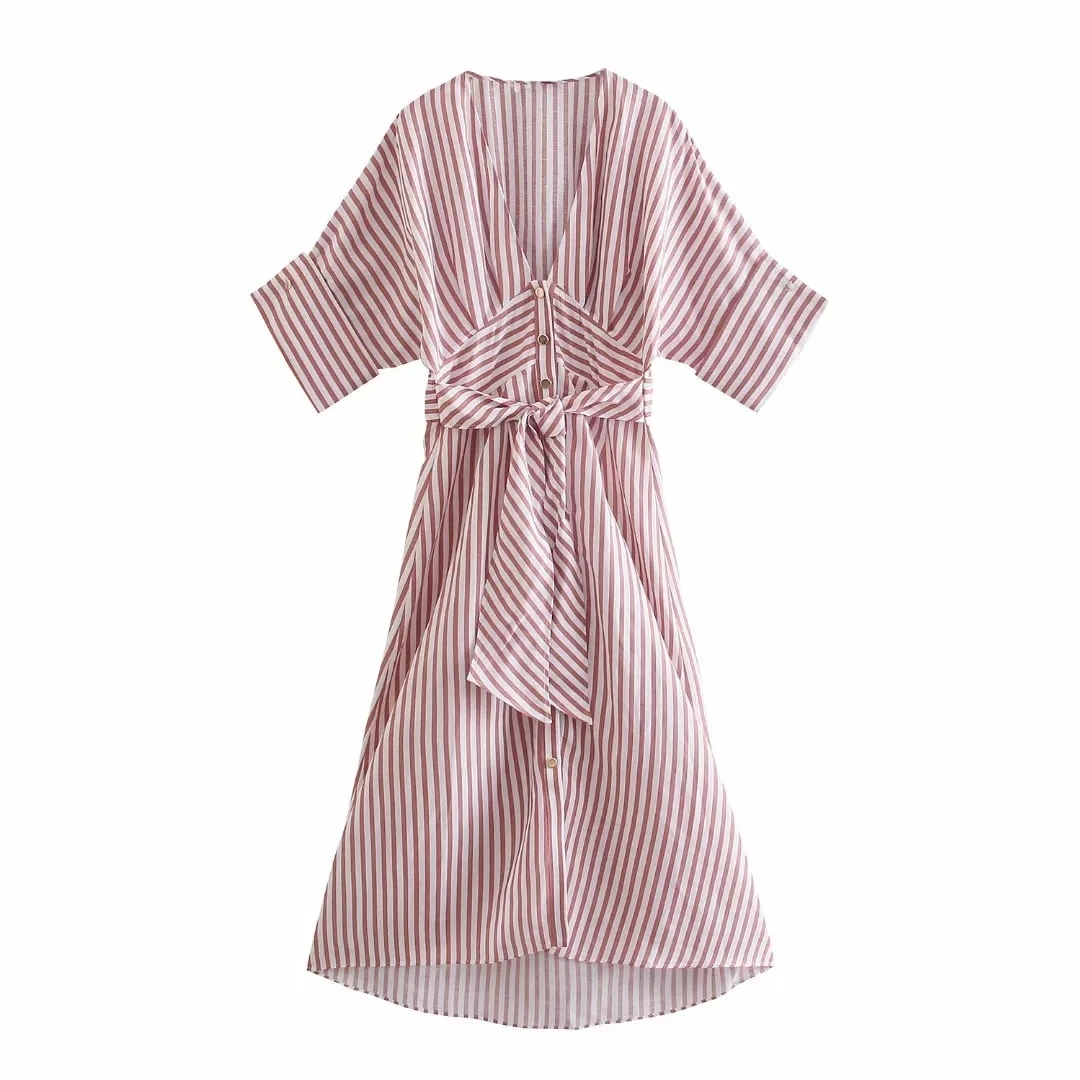 Za 2021 Summer women v neck Button-up shirt Dresses casual Short Sleeve Bow Sashes Striped Vestidos loose With Belt Midi Dress
Za 2021 Summer women v neck Button-up shirt Dresses casual Short Sleeve Bow Sashes Striped Vestidos loose With Belt Midi Dress