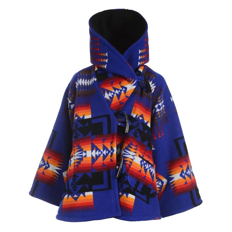

2020 New Luxury Brand Design Print Wool Blends Cape Coat Jackets Elegant Women Winter Outerwear Vintage Flare Sleeve Hooded Coat
