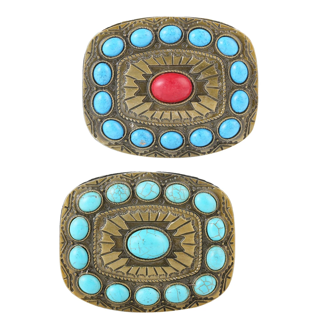 

2Pack Cowboy Tribal Embossed Turquoise Belt Buckle Engraved Indian Metal Buckles