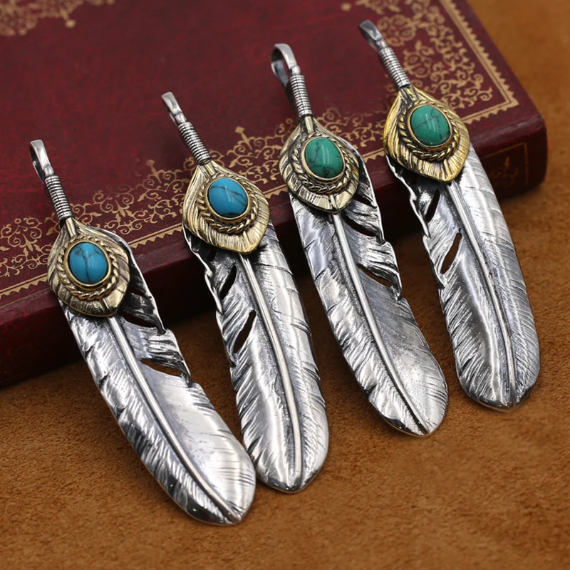 S925 sterling silver jewelry retro Thai silver sweater pendant men and women turquoise feather pendant
S925 sterling silver jewelry retro Thai silver sweater pendant men and women turquoise feather pendant