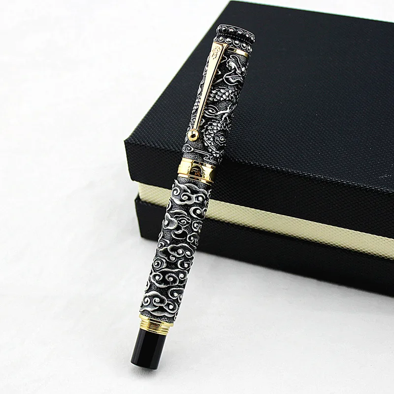 

Jinhao Vintage Luxurious Rollerball Pen Double Dragon Playing Pearl, Ancient Gray Metal Carving Embossing Heavy Pen Collection