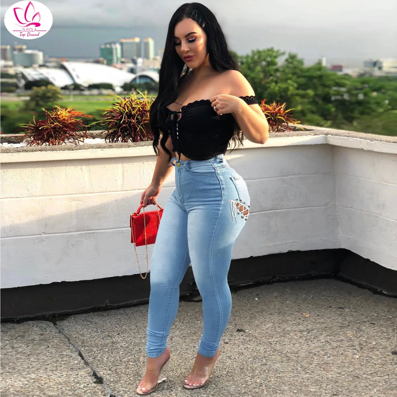 Женские джинсы с высокой талией и карманами, эластичные брюки-карандаш до щиколотки с перекрестной шнуровкой, повседневные модные брюки 
Женские джинсы с высокой талией и карманами, эластичные брюки-карандаш до щиколотки с перекрестной шнуровкой, повседневные модные брюки