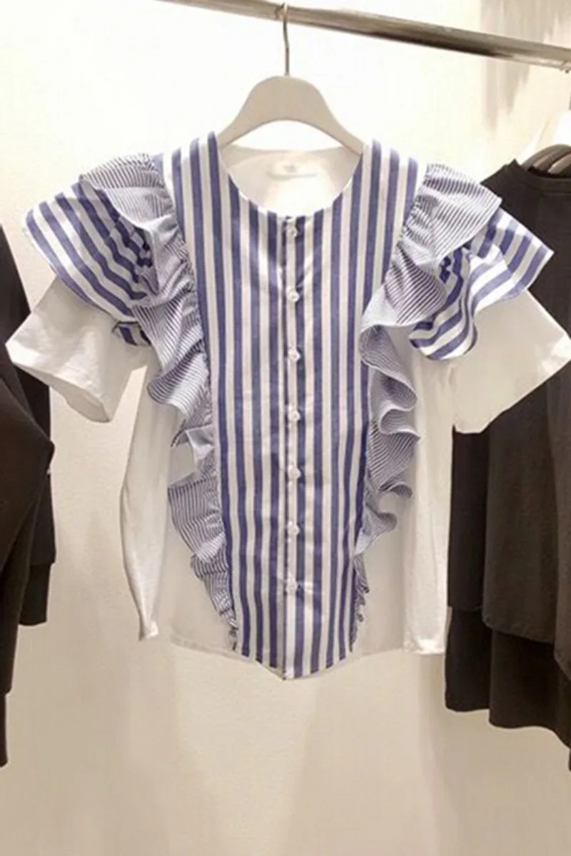 2021 Summer New Color Contrast Ruffle Striped Patchwork Short Sleeve O Neck Shirt Womens Tops
2021 Summer New Color Contrast Ruffle Striped Patchwork Short Sleeve O Neck Shirt Womens Tops