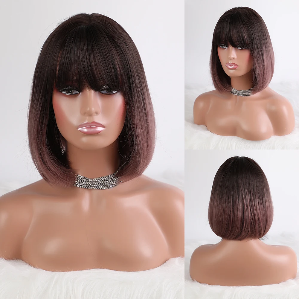 

Blonde Unicorn Synthetic Bob Wigs Ombre Brown Short Straight Women Wig with Bangs Heat Resistant Fibre Daily Cosplay Hair
