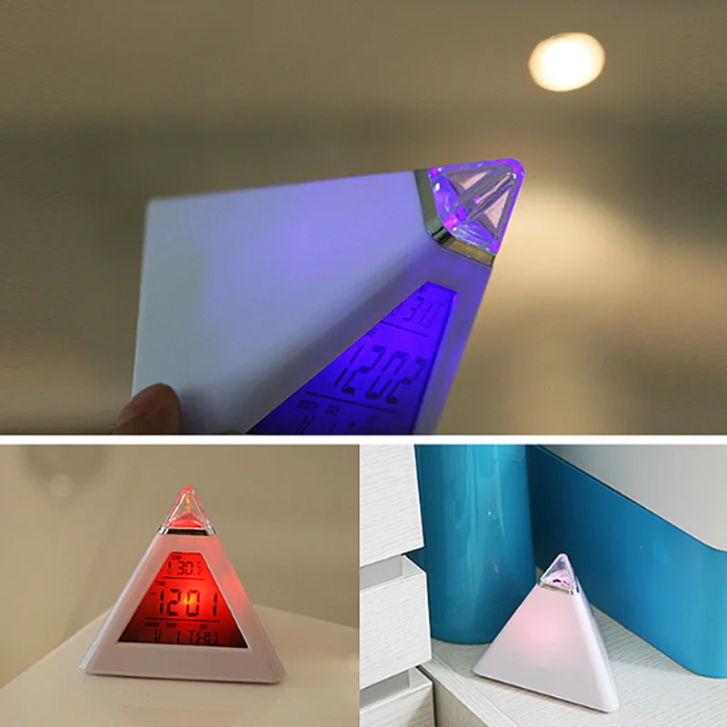 Creative Triangular Pyramid Alarm Clock Eye Protection Colorful Night Light Thermometer With Calendar Bedroom Home Decoration
Creative Triangular Pyramid Alarm Clock Eye Protection Colorful Night Light Thermometer With Calendar Bedroom Home Decoration