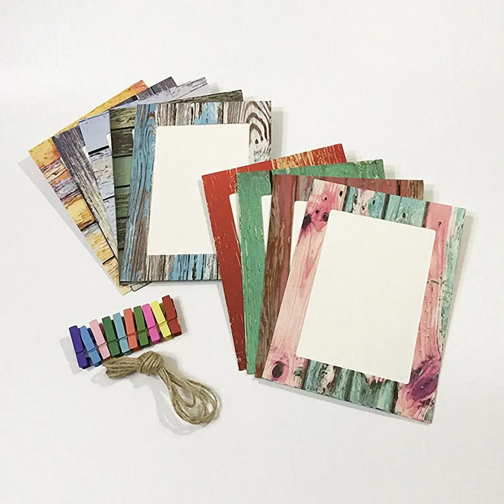 9pcs Wood Grain Style Photo Frame with Clips and Rope DIY Hanging Picture Album Banner Baby Shower Wedding Home Decoration Craft | Дом и сад