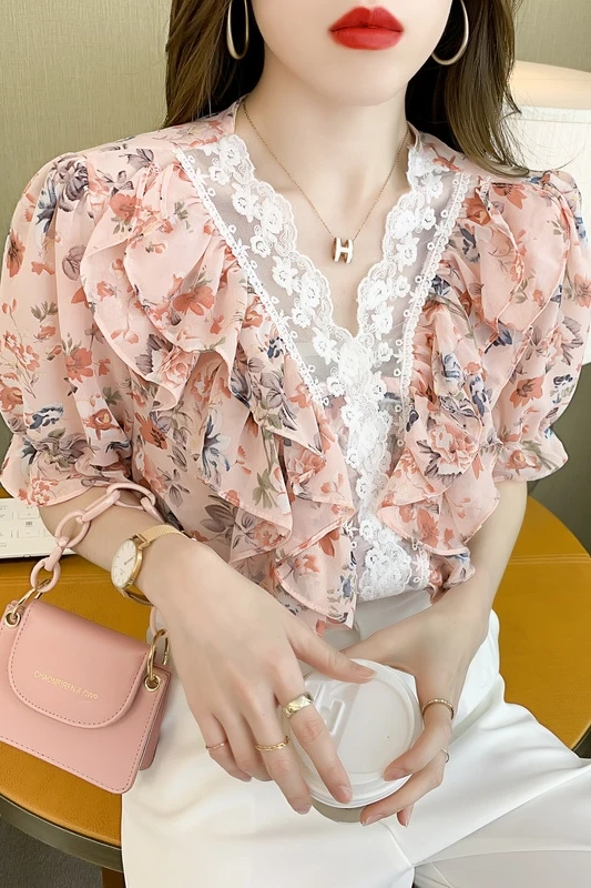 Houthion Chiffon Slim Women's Blouses New Casual Blouse Fashion Short Sleeve Top Flowers Lace V-neck Pullover Summer
Houthion Chiffon Slim Women's Blouses New Casual Blouse Fashion Short Sleeve Top Flowers Lace V-neck Pullover Summer