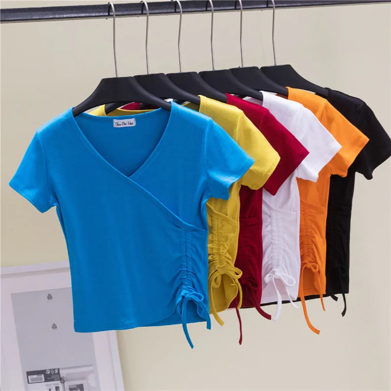 Fashion Sexy T Shirt Women Summer Clothing Solid Color V Neck Short Sash Cropped Tops Ladies Cotton Shirt Women Casual T Shirt
Fashion Sexy T Shirt Women Summer Clothing Solid Color V Neck Short Sash Cropped Tops Ladies Cotton Shirt Women Casual T Shirt