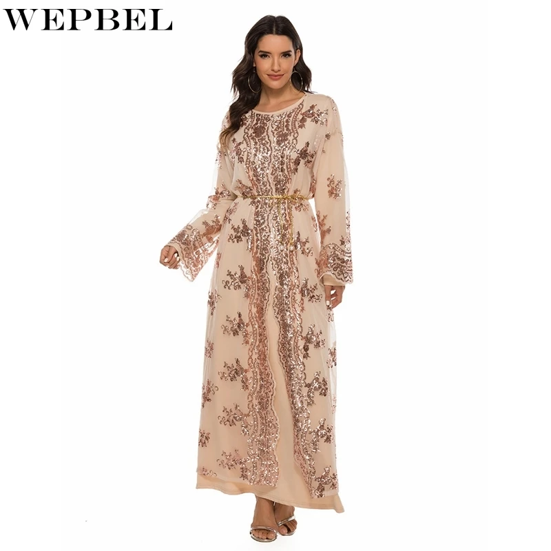 WEPBEL Muslim Dress Fashion Long Sleeve High Waist Lace-up O-Neck Robe Women's Casual Sequined Embroidery Stitching Dress
WEPBEL Muslim Dress Fashion Long Sleeve High Waist Lace-up O-Neck Robe Women's Casual Sequined Embroidery Stitching Dress
