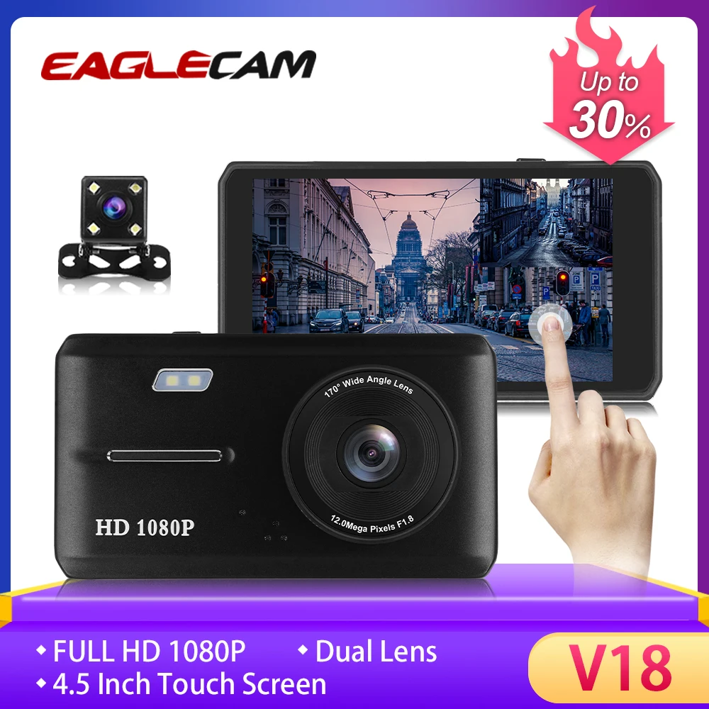 Автомобильный видеорегистратор 4 5 дюйма Full HD с сенсорным экраном двумя объективами и камерой заднего вида