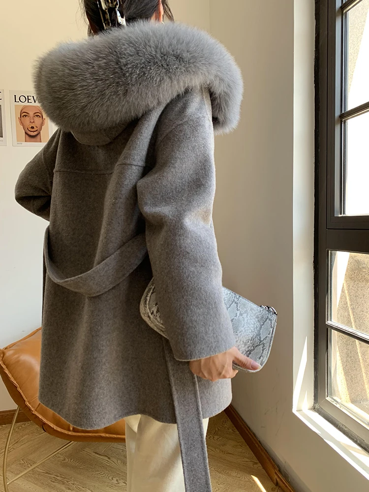 

Luxury Double faced 80/100 real Wool blend coat outerwear Belted female fur jackets S337