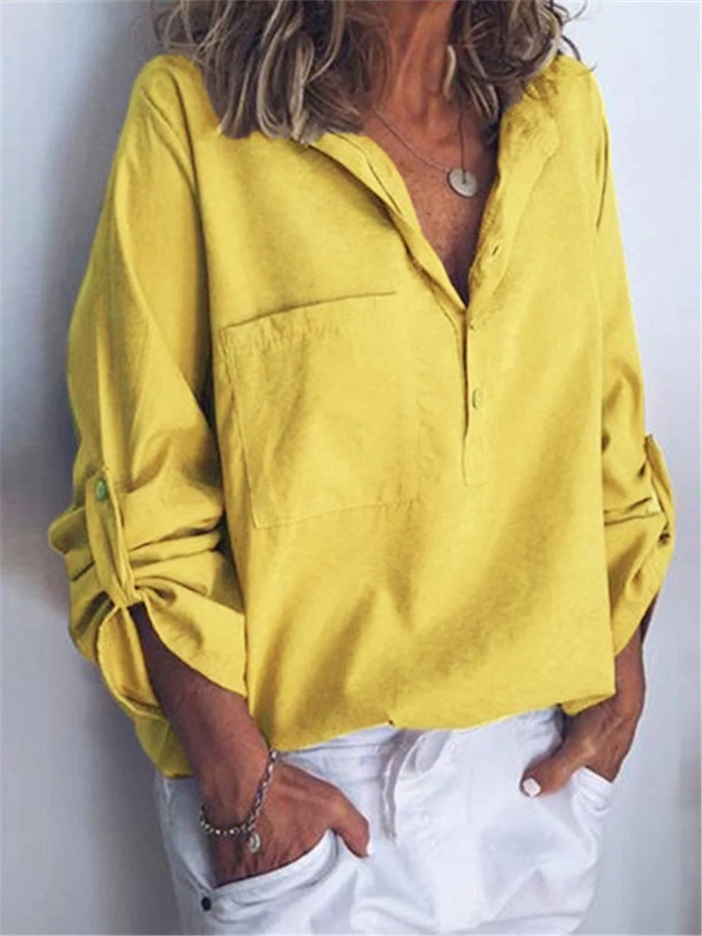 Donsignet Fashion Women's Blouse Spring V-neck Pullover Pocket Button Decoration Solid Color Loose Plus Size Long Sleeve Blouse
Donsignet Fashion Women's Blouse Spring V-neck Pullover Pocket Button Decoration Solid Color Loose Plus Size Long Sleeve Blouse