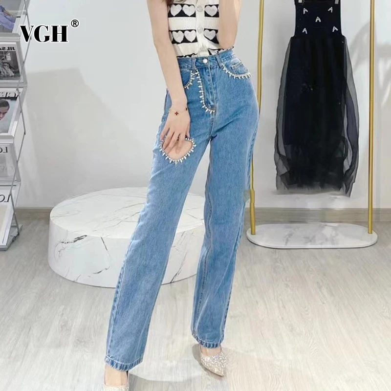 VGH Casual Blue Denim Trousers For Women High Waist Hollow Out Diamonds Asymmetrical Straight Pants Female Korean Spring Fashion
VGH Casual Blue Denim Trousers For Women High Waist Hollow Out Diamonds Asymmetrical Straight Pants Female Korean Spring Fashion