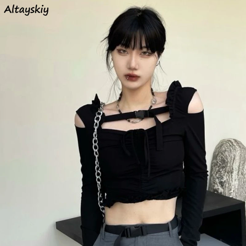 Женские футболки Harajuku, весенний трендовый сексуальный укороченный Однотонный черный топ с открытыми плечами и складками, повседневный ули...
Женские футболки Harajuku, весенний трендовый сексуальный укороченный Однотонный черный топ с открытыми плечами и складками, повседневный ули...