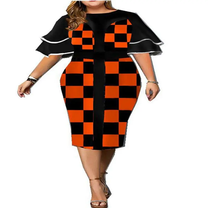 

Summer plus size dress 130KG 8XL 7XL 6XL 5XL new fashion ladies digital positioning printing plaid sexy bag hip dress