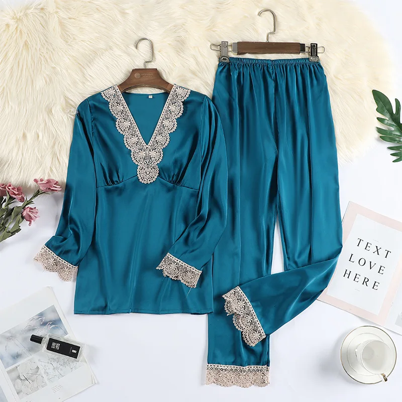 Long Sleeve Pajamas Set Women Two Piece Suit Shirt&Pants Satin Faux Silk Casual Lounge Wear With Lace Pijamas Bath Robe Homewear
Long Sleeve Pajamas Set Women Two Piece Suit Shirt&Pants Satin Faux Silk Casual Lounge Wear With Lace Pijamas Bath Robe Homewear