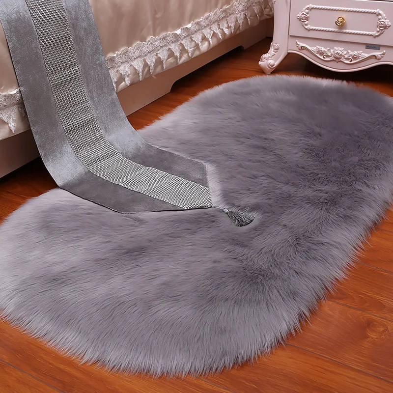 

Oval Faux Fur Sheepskin Area Rugs Bedroom Bedside Soft Floor Shaggy Plush Living Room Carpet White Hallway Rug Home Decoration