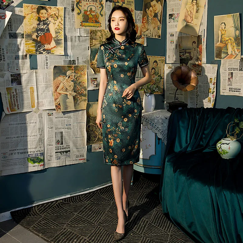 

Платье-Ципао женское атласное с коротким рукавом, элегантное винтажное вечернее, с разрезом, с принтом, в китайском стиле, длиной до колен, и...