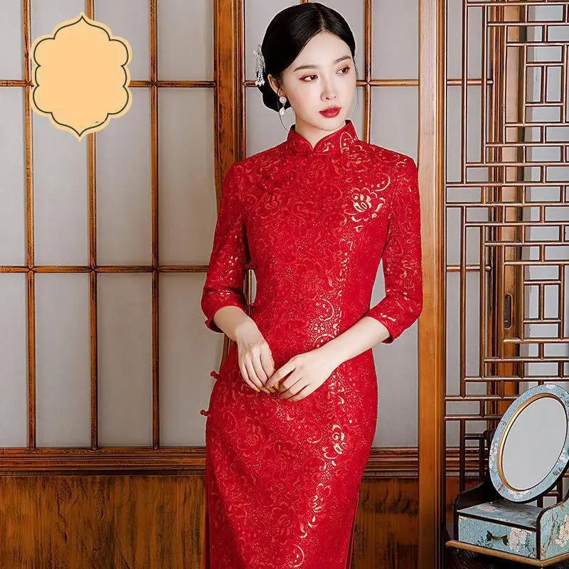 Retro Lace Mandarin Collar Chinese Traditional Dress Sexy Slim Qipao Femme Vestidos Improved Banquet Gown Elegant Cheongsams 
Retro Lace Mandarin Collar Chinese Traditional Dress Sexy Slim Qipao Femme Vestidos Improved Banquet Gown Elegant Cheongsams