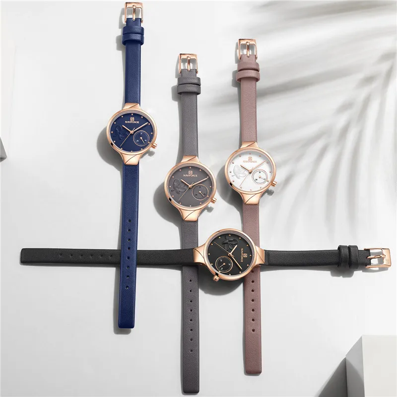 Часы наручные NAVIFORCE женские с браслетом из натуральной кожи модные брендовые