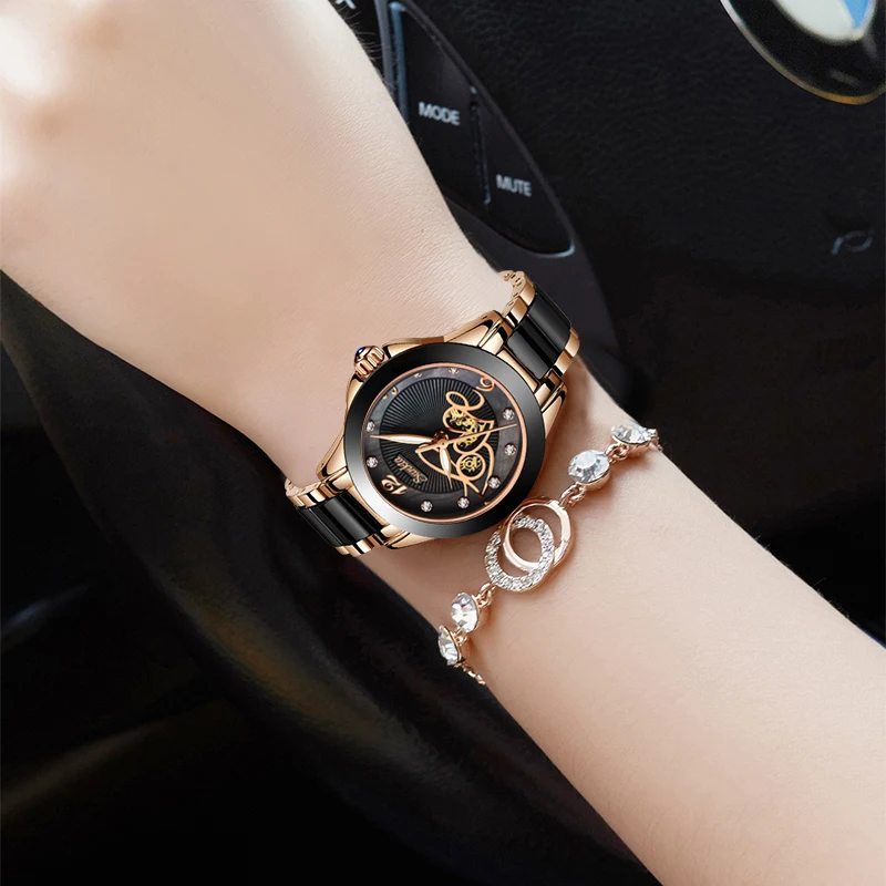 Женские кварцевые часы SUNKTA модные водонепроницаемые с керамическим ремешком и
