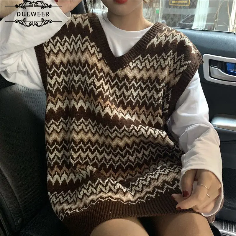 Dueweer Sweater Knitted Vest Women V-neck Sweaters Womens Striped Loose Autumn Korean Preppy-style All-match Sleeveless
Dueweer Sweater Knitted Vest Women V-neck Sweaters Womens Striped Loose Autumn Korean Preppy-style All-match Sleeveless