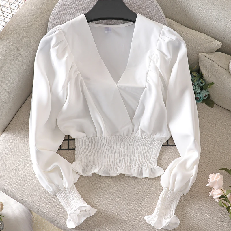 Spring Autumn Women's Lantern Sleeve Shirt Tops Long-sleeved V-neck short Shirt Women's New Waist Fashion White Top GD465
Spring Autumn Women's Lantern Sleeve Shirt Tops Long-sleeved V-neck short Shirt Women's New Waist Fashion White Top GD465