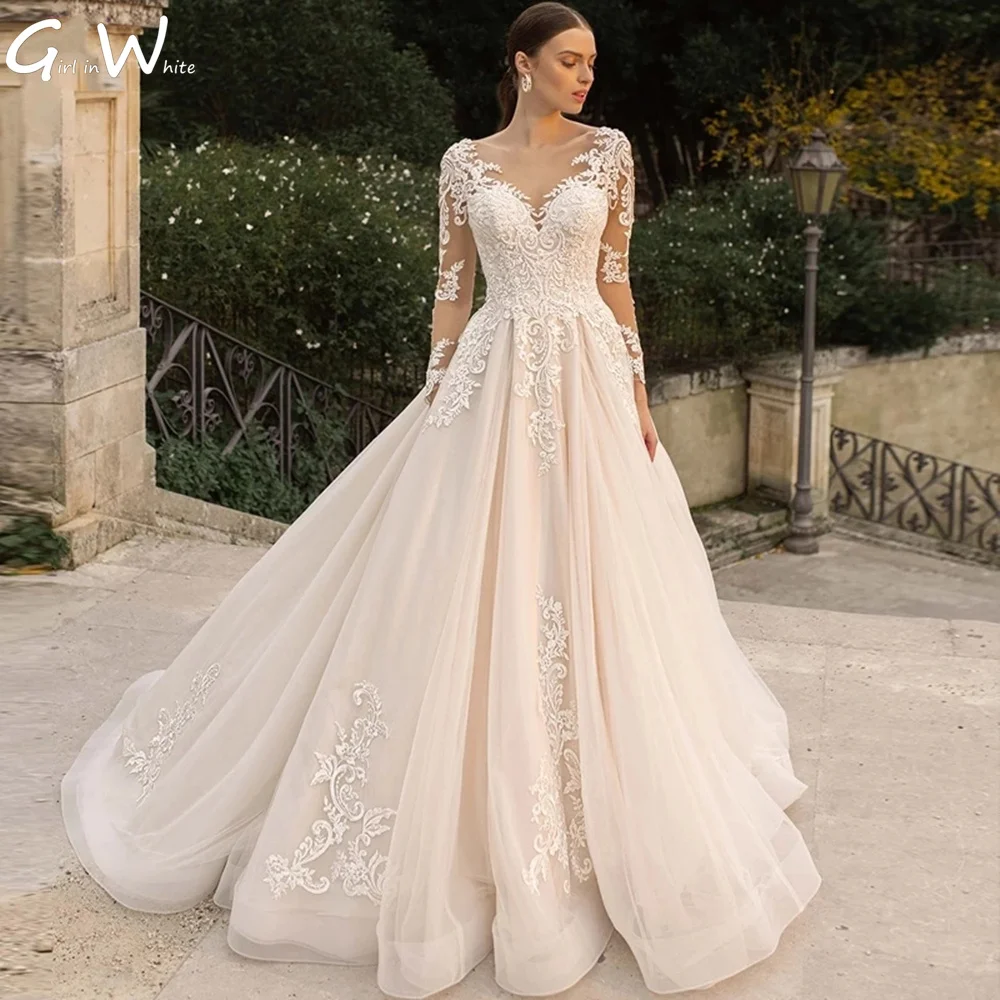 Romantic Long Sleeve Lace Wedding Dresses A-line Court Train Modern Bride Robes Illusion Back Bridal Gown Vestidos De Novia
Romantic Long Sleeve Lace Wedding Dresses A-line Court Train Modern Bride Robes Illusion Back Bridal Gown Vestidos De Novia