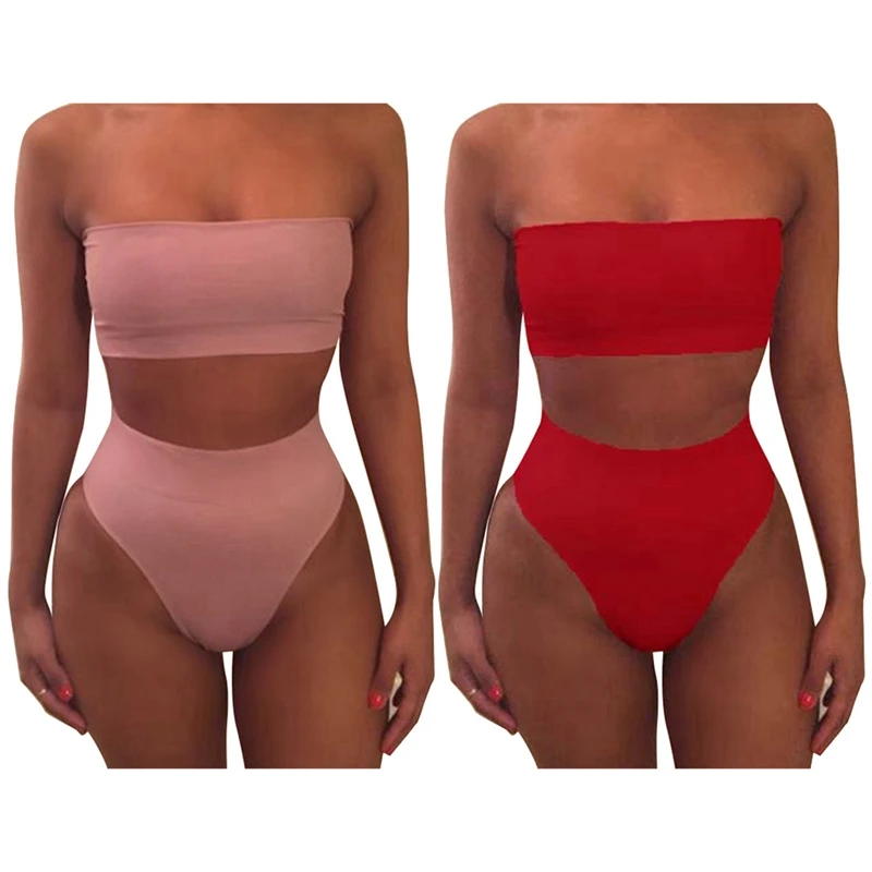 2 Set Women's Sexy Solid Color Tube Top Split Swimsuit High Waist Bikini Suit Swimsuit XXXL, Pink & Red 
2 Set Women's Sexy Solid Color Tube Top Split Swimsuit High Waist Bikini Suit Swimsuit XXXL, Pink & Red