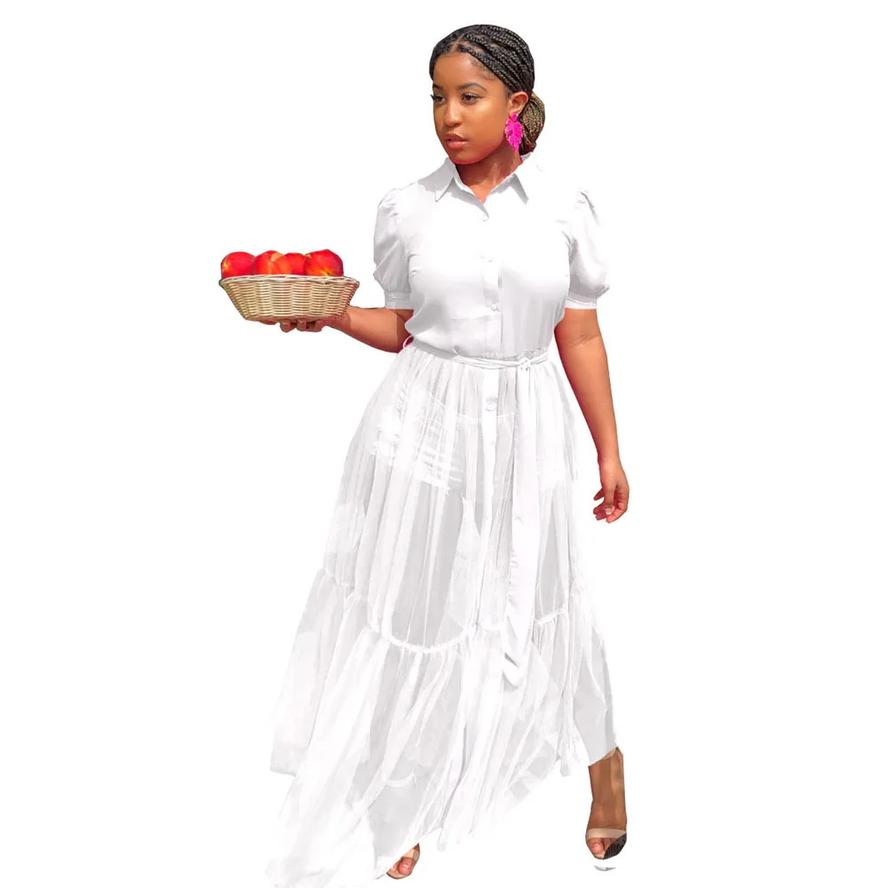 Casual Sheer Mesh Patchwork Maxi Dress Sexy Turn Down Collar Short Puff Sleeve Blouse Shirt Tie Long Dress New Fashion
Casual Sheer Mesh Patchwork Maxi Dress Sexy Turn Down Collar Short Puff Sleeve Blouse Shirt Tie Long Dress New Fashion