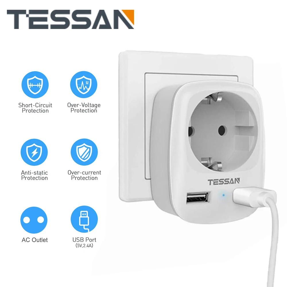 TESSAN DE Plug Travel Adapter Socket with 1 AC Outlet and 2 USB Charging Ports 3 in 1 Wall Socket Power Strip for Home, Office
TESSAN DE Plug Travel Adapter Socket with 1 AC Outlet and 2 USB Charging Ports 3 in 1 Wall Socket Power Strip for Home, Office