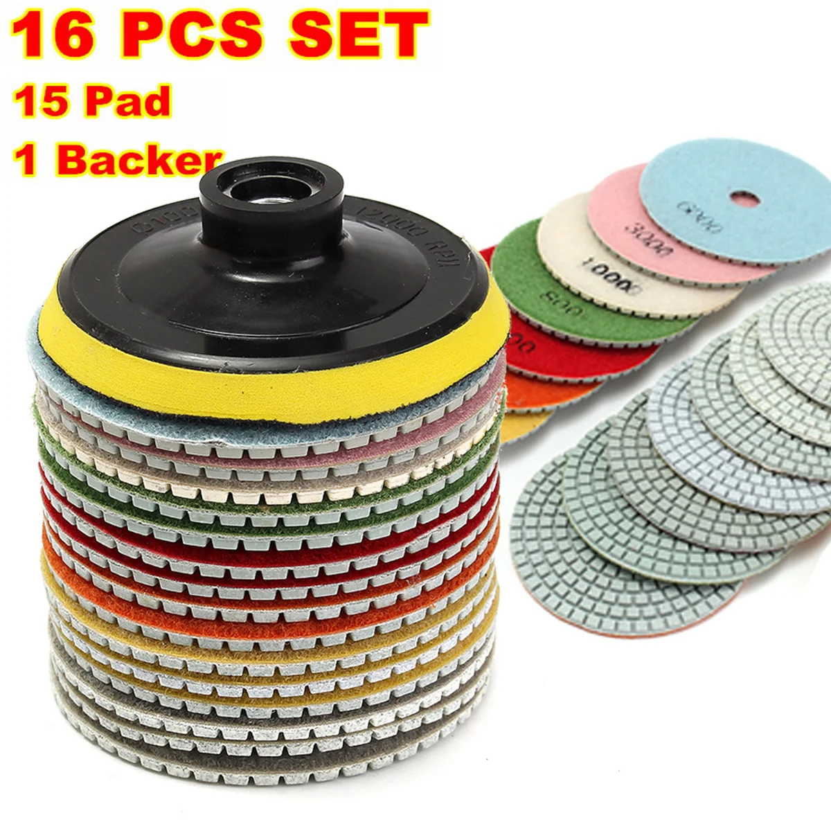 16pcs Diamond Polishing Pads Kit 4 inch 100mm Wet/Dry for Granite Stone Concrete Marble Polishing Use Grinding Discs Set
16pcs Diamond Polishing Pads Kit 4 inch 100mm Wet/Dry for Granite Stone Concrete Marble Polishing Use Grinding Discs Set