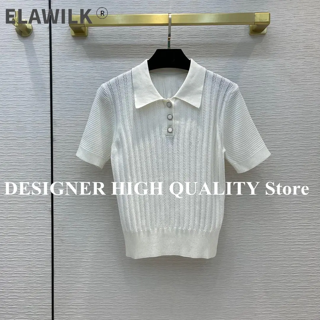 Preppy Style Solid Hollow Out Stripes Knitting Tops Women Turn-down Collar Short Sleeve Runway Designer Casual Summer T-shirt 
Preppy Style Solid Hollow Out Stripes Knitting Tops Women Turn-down Collar Short Sleeve Runway Designer Casual Summer T-shirt