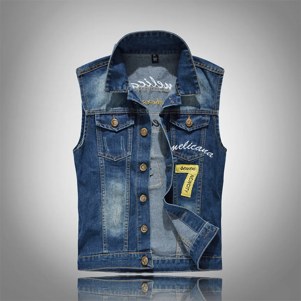 2210 Men Denim Waistcoat Slim Fit Fashion Chic Sleeveless Embroidery Casual Tank Seven Patchwork Blue Scratch Bleached Vest Male 
2210 Men Denim Waistcoat Slim Fit Fashion Chic Sleeveless Embroidery Casual Tank Seven Patchwork Blue Scratch Bleached Vest Male