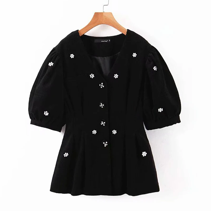 Женский вельветовый Топ, с жемчугом, V-образным вырезом и рукавами-фонариками
Женский вельветовый Топ, с жемчугом, V-образным вырезом и рукавами-фонариками