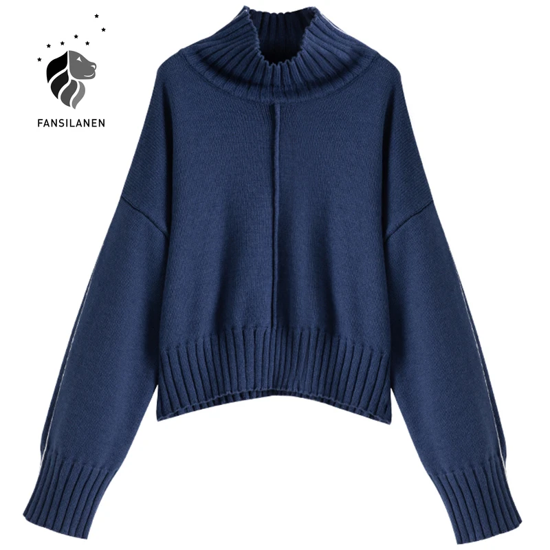 Женский трикотажный свитер fansilеним синий вязаный пуловер с полосками по бокам