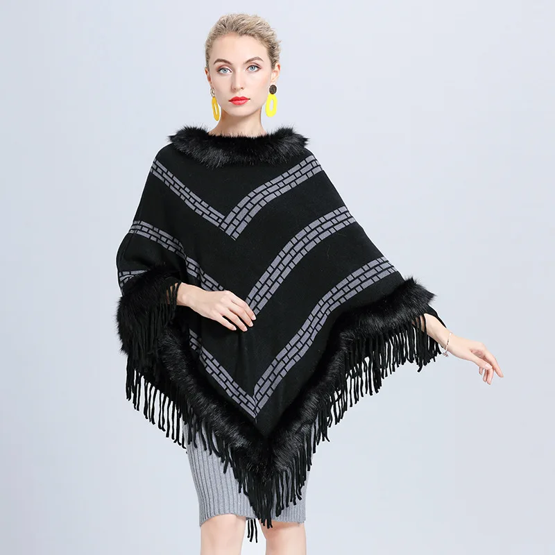 Cape Coat Women Winter Striped Faux Fox Fur Collar Female Outerwear Ladies's Knitted Black Cloak Shawl Streetwear
Cape Coat Women Winter Striped Faux Fox Fur Collar Female Outerwear Ladies's Knitted Black Cloak Shawl Streetwear