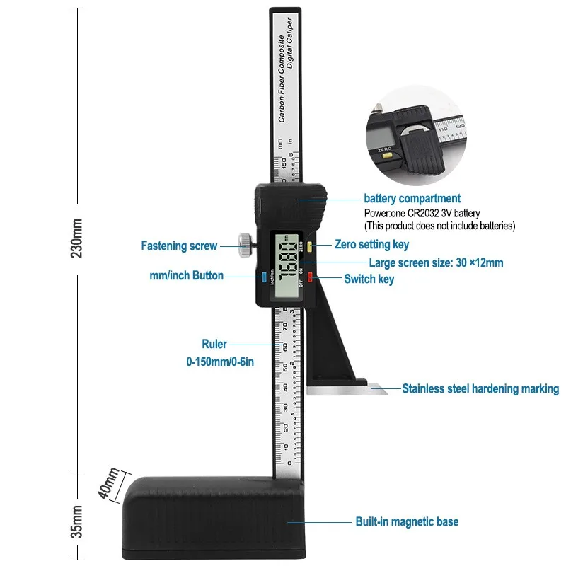 Height Gauge 0-150mm/6in Electronic Digital Height Vernier Caliper Marking Ruler Professional Woodworking Measuring Tools
Height Gauge 0-150mm/6in Electronic Digital Height Vernier Caliper Marking Ruler Professional Woodworking Measuring Tools