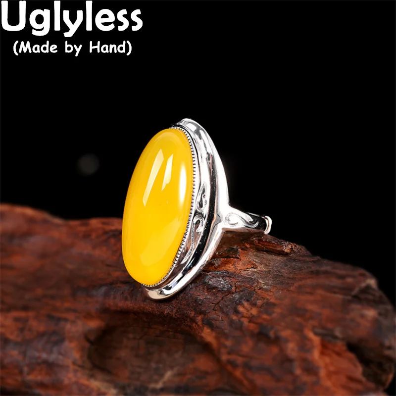 

Uglyless Simple Big Size Blank Gemstones Jewelry for Women Natural Chalcedony Rings Glossy Silver Rings Real 925 Silver Bijoux