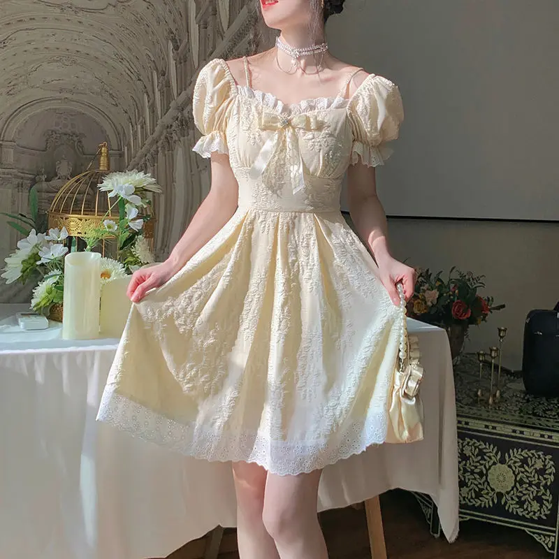 Female Casual Puff Sleeve Lace Up Party Dress Summer 2021 Yellow Kawaii Elegant Dress Women Sweet Korean Princess Lolita Dress
Female Casual Puff Sleeve Lace Up Party Dress Summer 2021 Yellow Kawaii Elegant Dress Women Sweet Korean Princess Lolita Dress