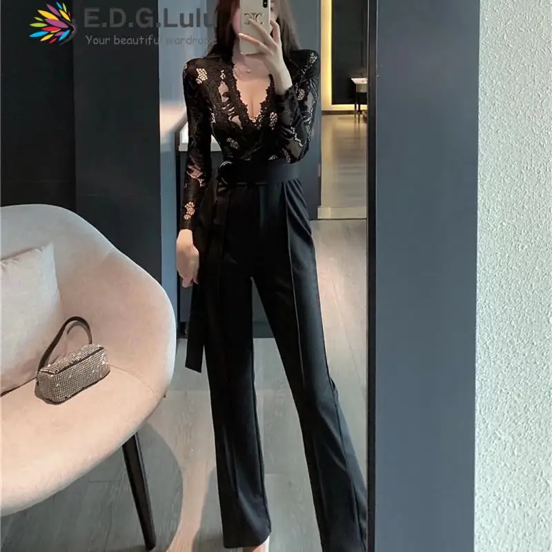 EDGLuLu Wide Leg Casual Overalls Sexy Women Deep V-neck Long Sleeve Lace Patchwork Elegant Straight Party Jumpsuit Rompers 0806
EDGLuLu Wide Leg Casual Overalls Sexy Women Deep V-neck Long Sleeve Lace Patchwork Elegant Straight Party Jumpsuit Rompers 0806