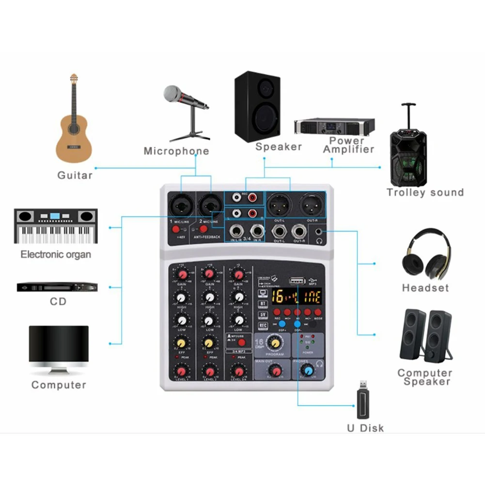 4 Channels Audio Sound Mixer Mixing DJ Console Bluetooth USB Record Sound Card for Home Karaoke KTV with 48V Phantom Power 16 DS 
4 Channels Audio Sound Mixer Mixing DJ Console Bluetooth USB Record Sound Card for Home Karaoke KTV with 48V Phantom Power 16 DS