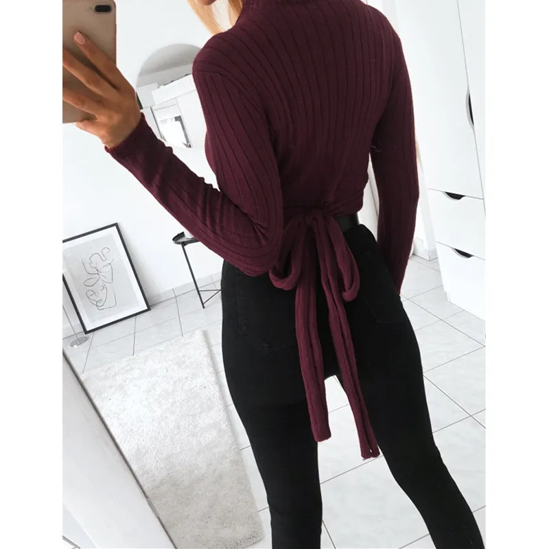 Женский трикотажный свитер-водолазка в рубчик с длинным рукавом | Женская