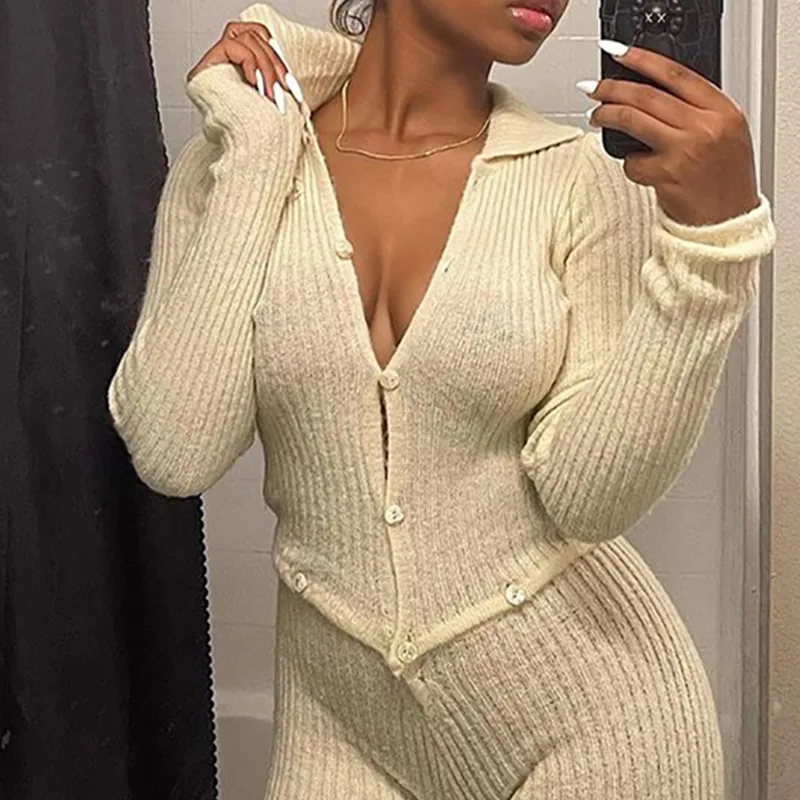 

2021 Farbic Two Piece Set Women Autumn Solid Concise Sexy Single Breasted Tops+Spilt Pants Matching Outfit Fake Jumpsuit