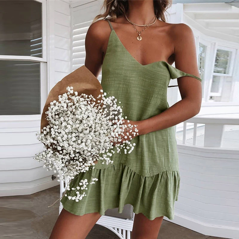 Women Solid Color Ruffle White Beach Mini Dresses Ladies Sexy Sling V-Neck Halter Dress Summer Casual Loose Sundress Female 2022
Women Solid Color Ruffle White Beach Mini Dresses Ladies Sexy Sling V-Neck Halter Dress Summer Casual Loose Sundress Female 2022