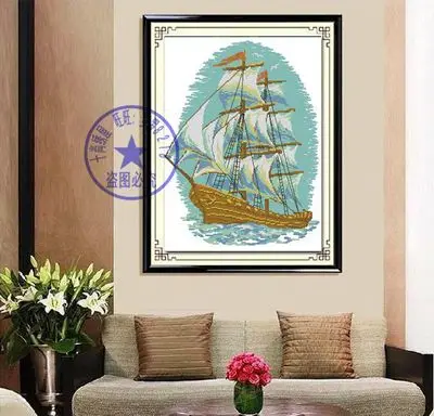 

Cotton linen Top Quality Beautiful Hot Sell Counted Cross Stitch Kit Sailboat Good Luck Sailling Ship Riolis 175